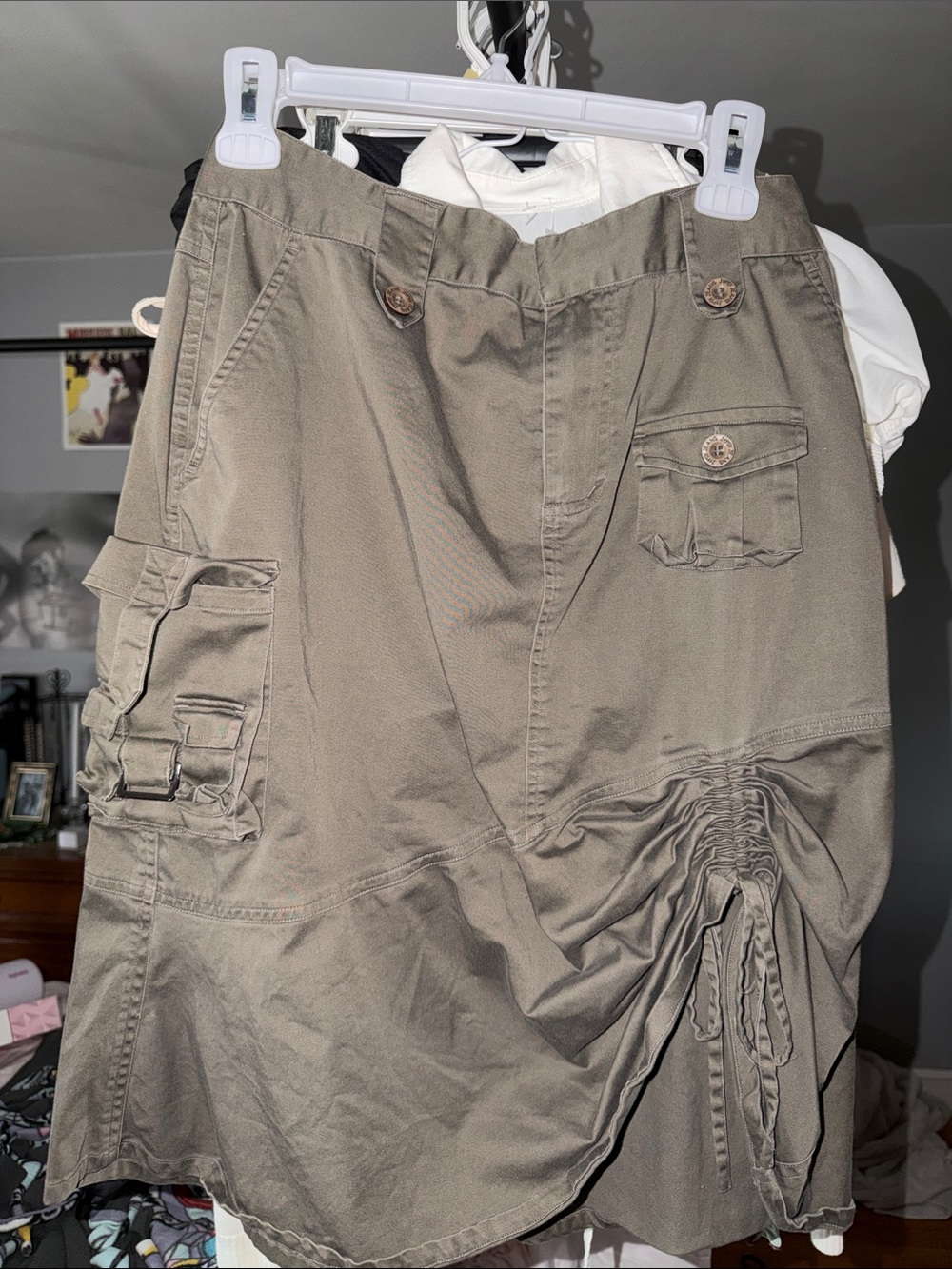 Women’s Olive Cargo Midi Skirt with Ruched Detail